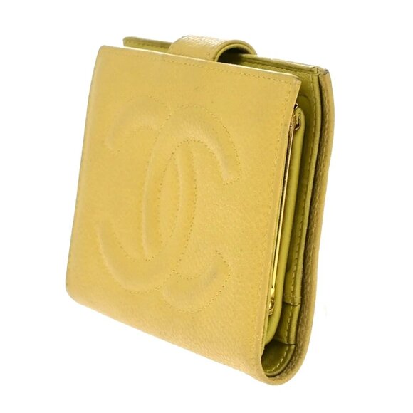 CHANEL CC Bifold Compact Wallet Grained Calfskin Leather Yellow Vintage 66KB511 - Picture 4 of 14